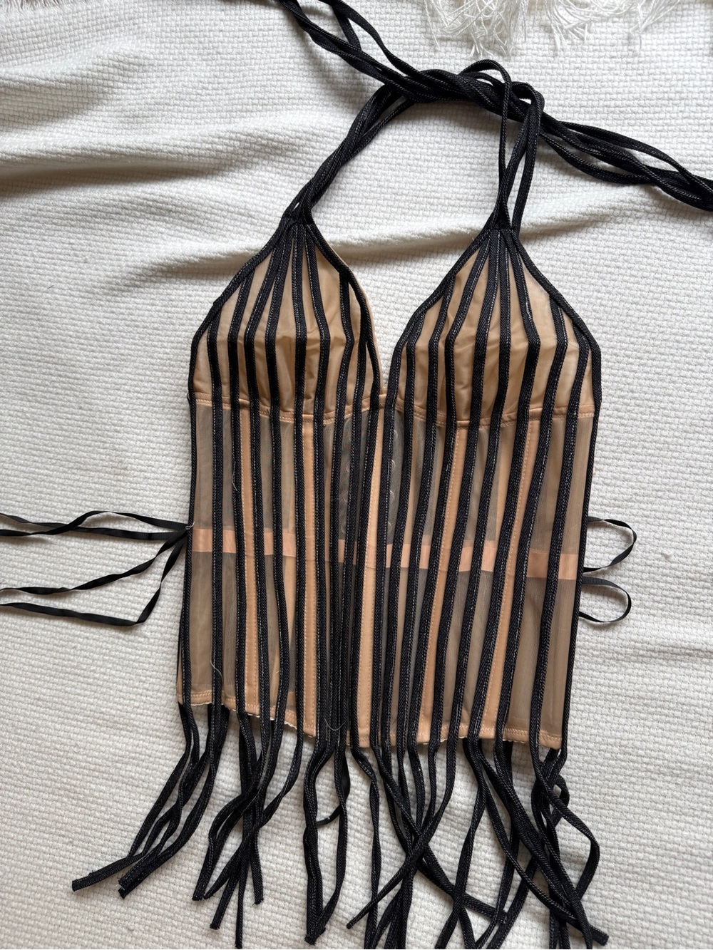 Tassel Corset Top in Nude and dark denim
